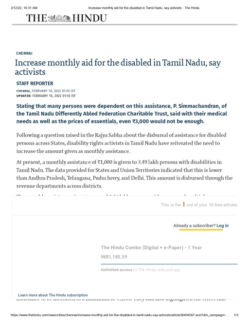 Increase monthly aid for the disabled in Tamilnadu